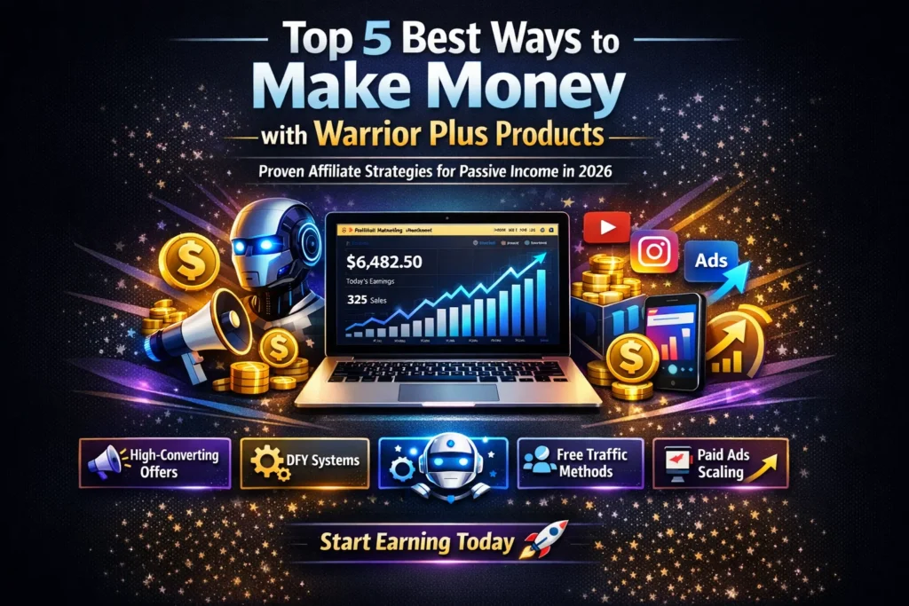 Top 5 best ways to make money with Warrior Plus products using affiliate marketing, AI tools, traffic systems, and DFY strategies