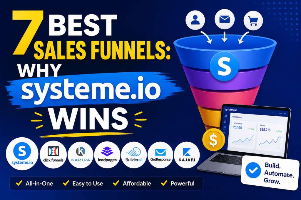 Colorful marketing graphic showing the 7 best sales funnel builders with Systeme.io highlighted as the top choice for beginners and online businesses.