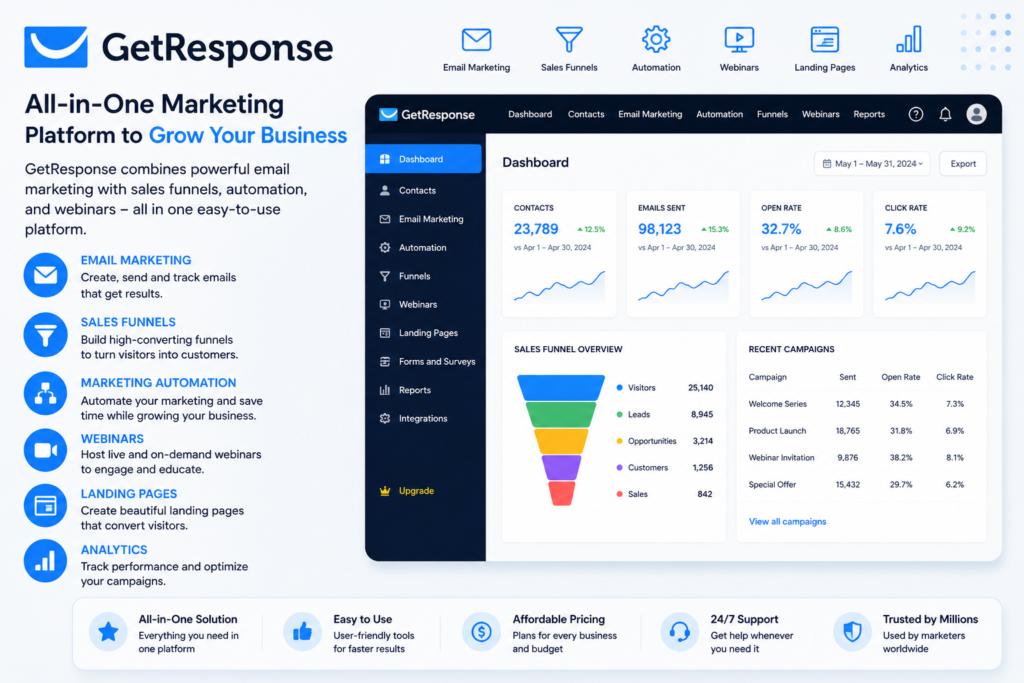 GetResponse marketing platform dashboard displaying email campaigns, sales funnels, automation, webinars, and analytics features.