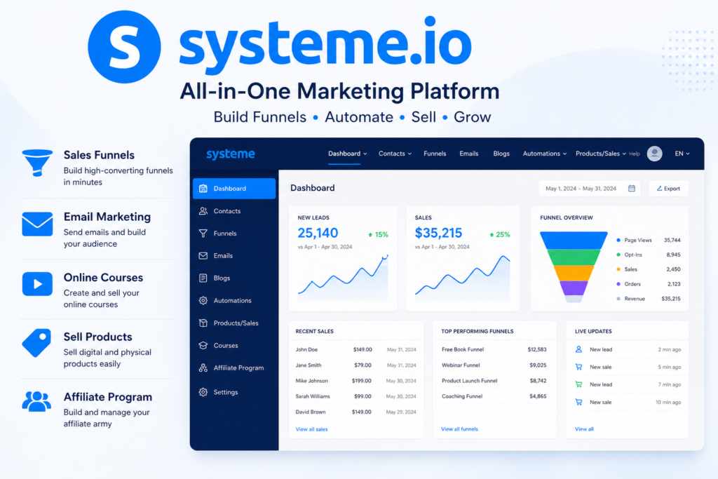 Systeme.io dashboard showing sales funnels, email marketing, automation, online courses, and affiliate tools in one platform.